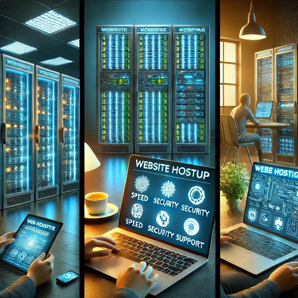 High-tech server room setup for the best web hosting provider, featuring organized racks with blue and green LED lights, a computer screen displaying a professional dashboard with metrics like uptime, speed, and security features, and subtle user satisfaction elements like a 5-star rating and performance graphs, conveying efficiency and reliability.