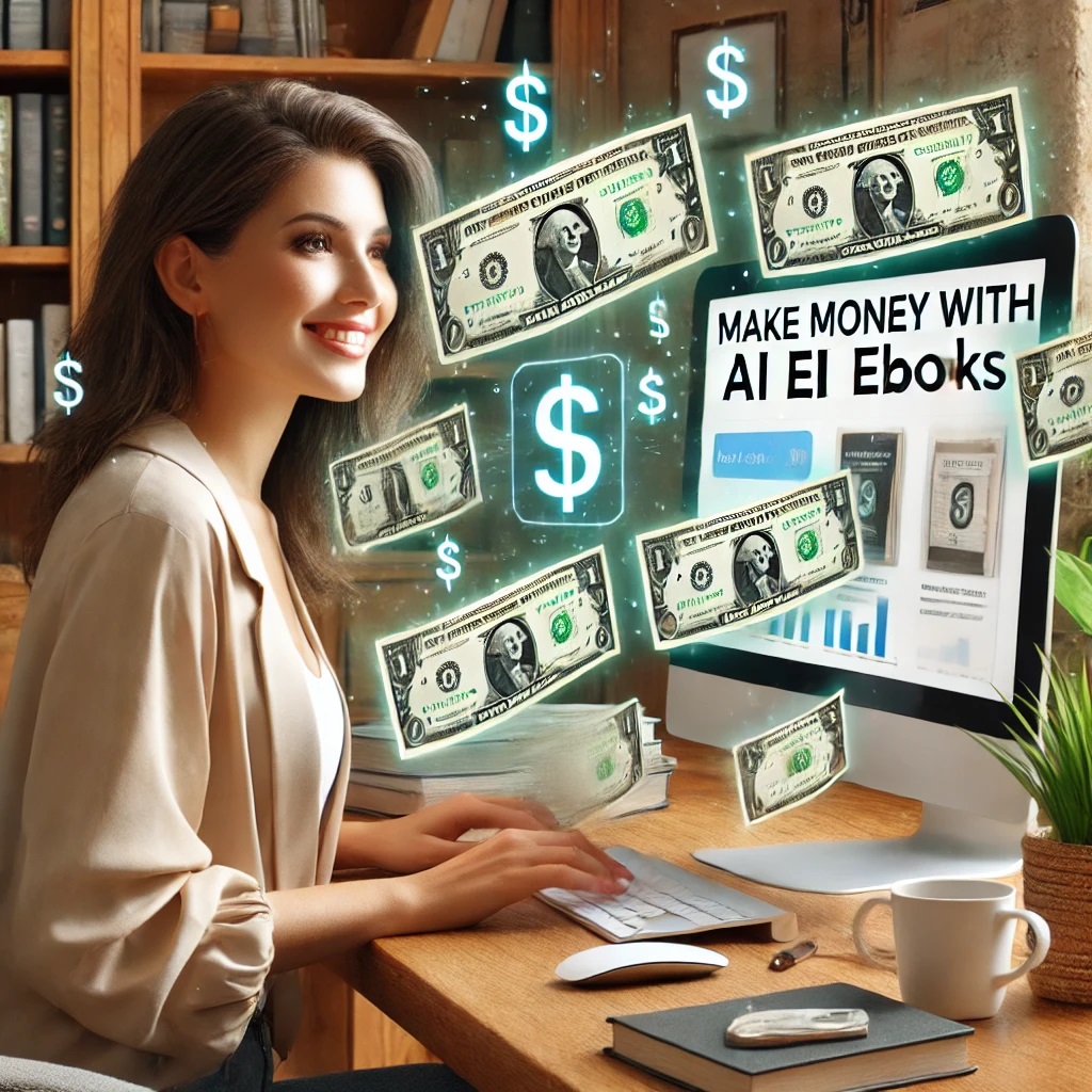 A woman smiling at her computer while earning passive income with Make Money with AI eBooks, surrounded by digital currency icons and book publishing tools.