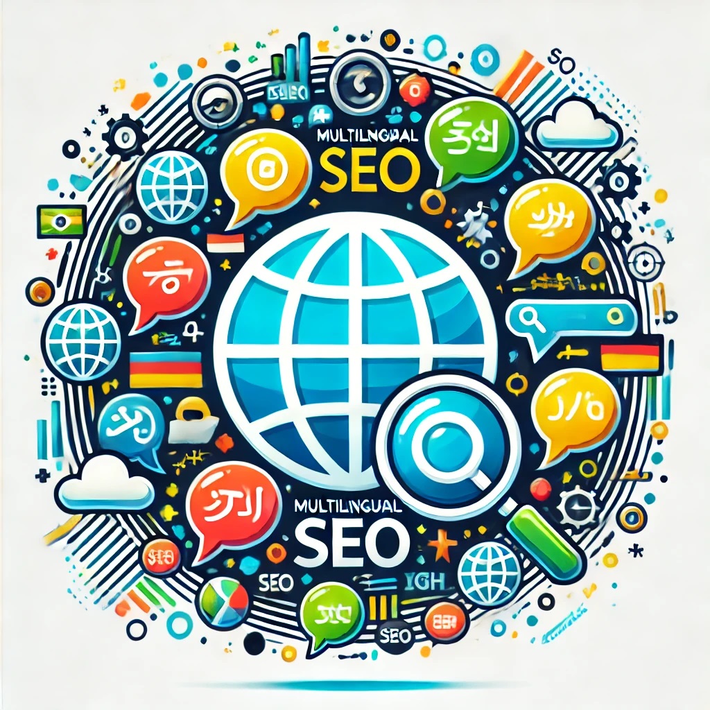 An illustration depicting "Multilingual SEO," showing a globe encircled by speech bubbles in various languages and search engine icons like magnifying glasses and keywords, symbolizing global SEO strategies.