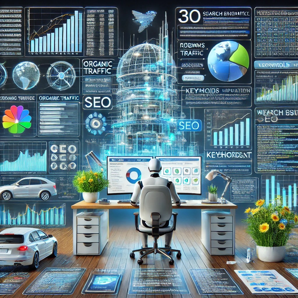 Visual representation of SEO fundamentals and best practices, featuring search engine dashboards, website structure diagrams, keyword usage, and metrics like organic traffic. The image also includes technical SEO elements such as robots.txt, sitemap files, and mobile optimization insights, with analytics graphs displayed in the background to emphasize the importance of monitoring performance.