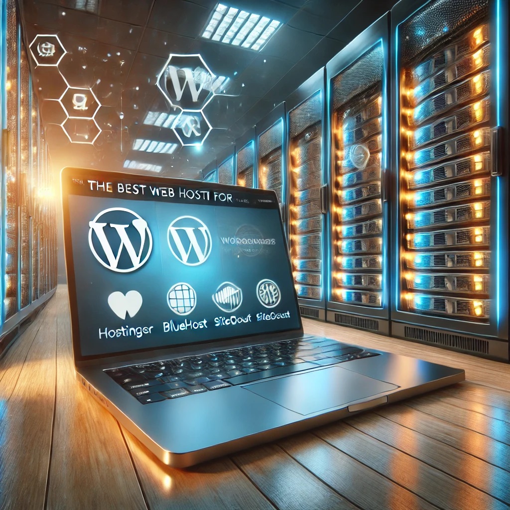 A laptop displaying the WordPress dashboard, with glowing server racks in the background representing powerful web hosting. Icons of Hostinger, Bluehost, and SiteGround subtly integrated, symbolizing top hosting providers. The scene conveys speed, security, and reliability in a modern, tech-savvy setting.