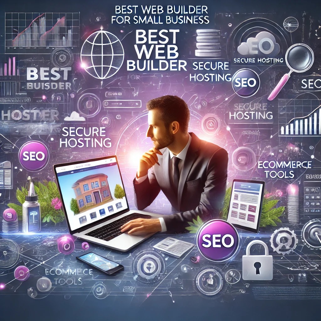 Illustration of a small business owner using Hostinger's web builder, surrounded by icons representing SEO, analytics, secure hosting, and eCommerce tools, with vibrant elements of business growth in the background.