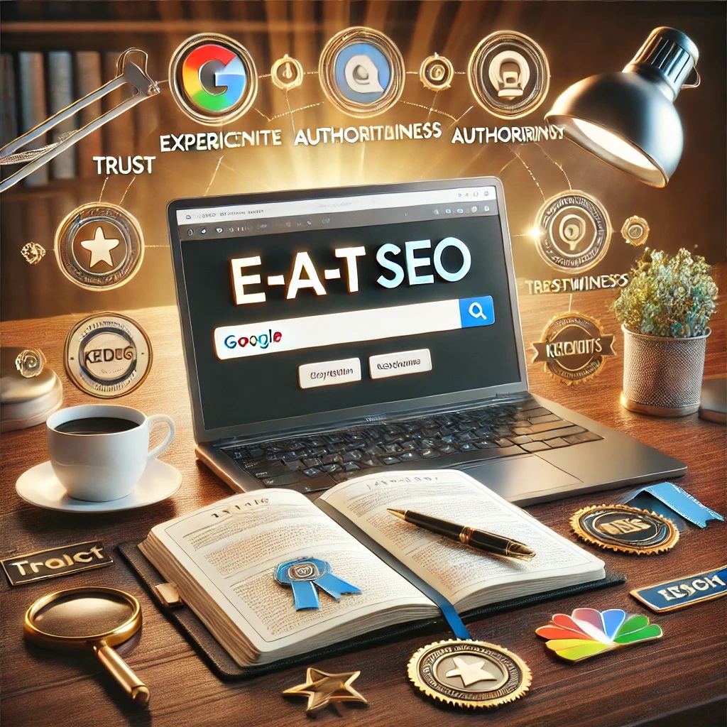 hyper-realistic image that represents E-A-T SEO, focusing on enhancing Expertise, Authoritativeness, and Trustworthiness for better Google rankings. It visually emphasizes the importance of credibility and professionalism in SEO practices