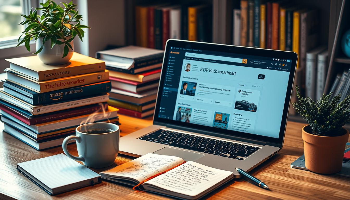 A cozy home office setting with a laptop open to an Amazon KDP publishing dashboard, surrounded by stacks of colorful books, a steaming cup of coffee, a notepad with handwritten notes, and a potted plant for decoration. Warm lighting creates an inviting atmosphere, showcasing the creative process of writing and publishing.