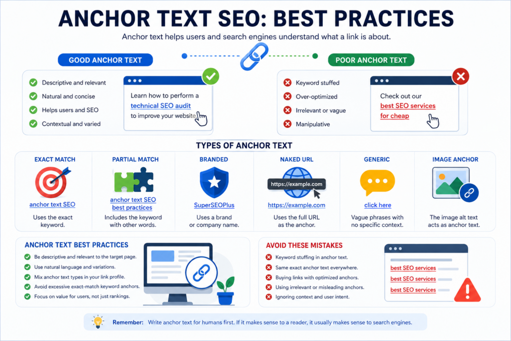 Anchor text SEO best practices showing good and poor anchor text examples