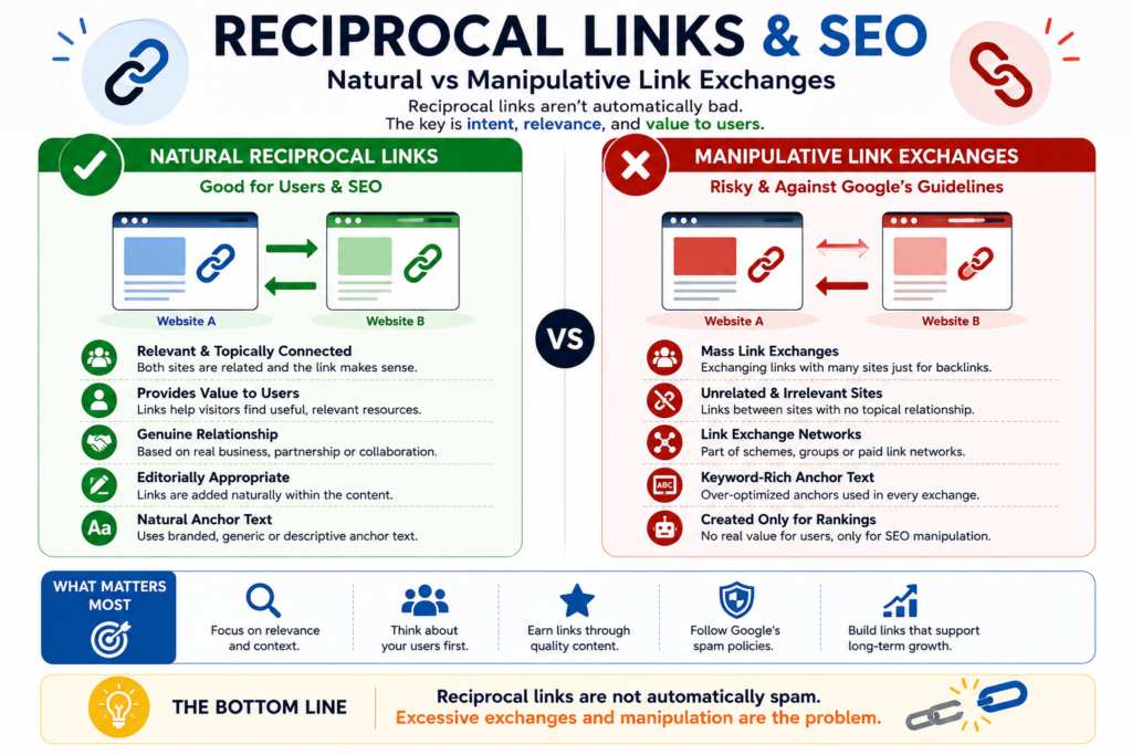 Reciprocal links SEO infographic comparing natural links with manipulative link exchanges