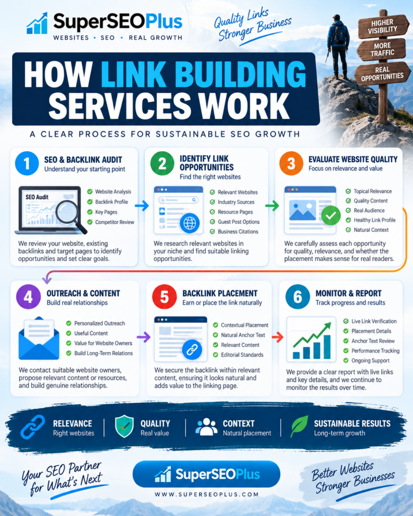 How link building services work in six steps from SEO audit and link research to backlink placement and reporting
