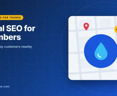 local seo for plumbers: guide cover graphic with a water drop on a map card