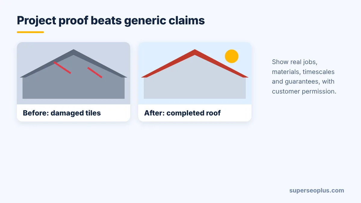 local seo for roofers: before and after roof graphic showing project proof