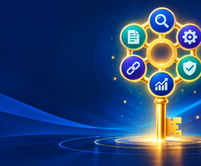 The super successful secret of SEO illustrated with a golden key and essential SEO elements