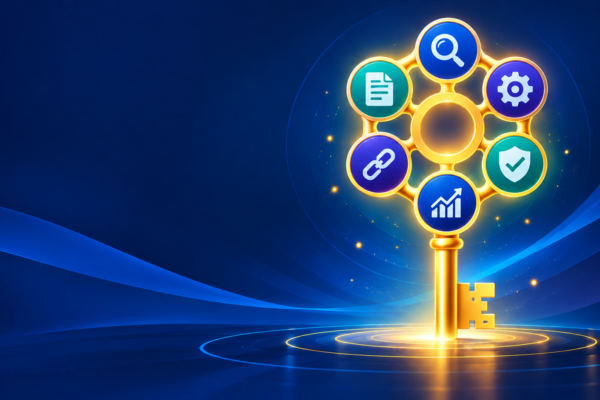 The super successful secret of SEO illustrated with a golden key and essential SEO elements